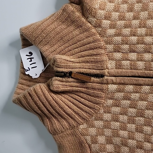 Saks Fifth Ave cashmere cardigan L sweater retro check zip front caramel cream - Picture 9 of 9